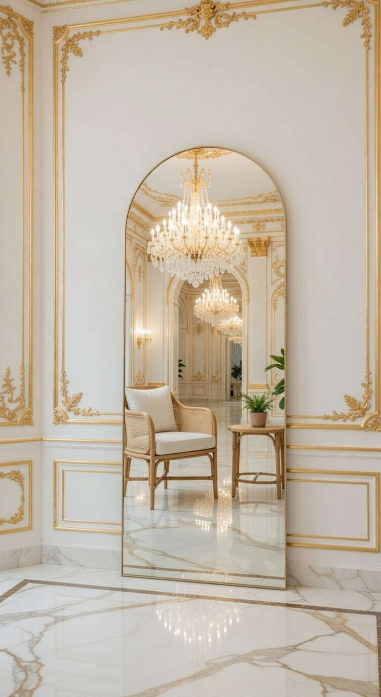 Elegant Arched Full-Length Mirror in Matte Gold – Premium Standing Design